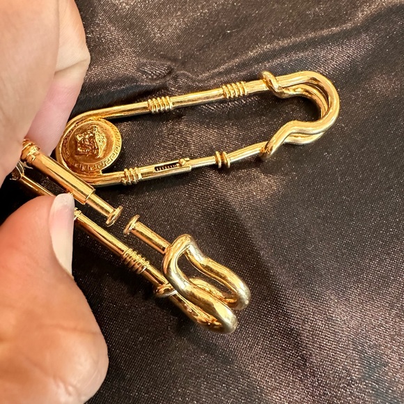 Versace Gold Safety Pin Clip On Gold Medusa Large Pair - Picture 3 of 9